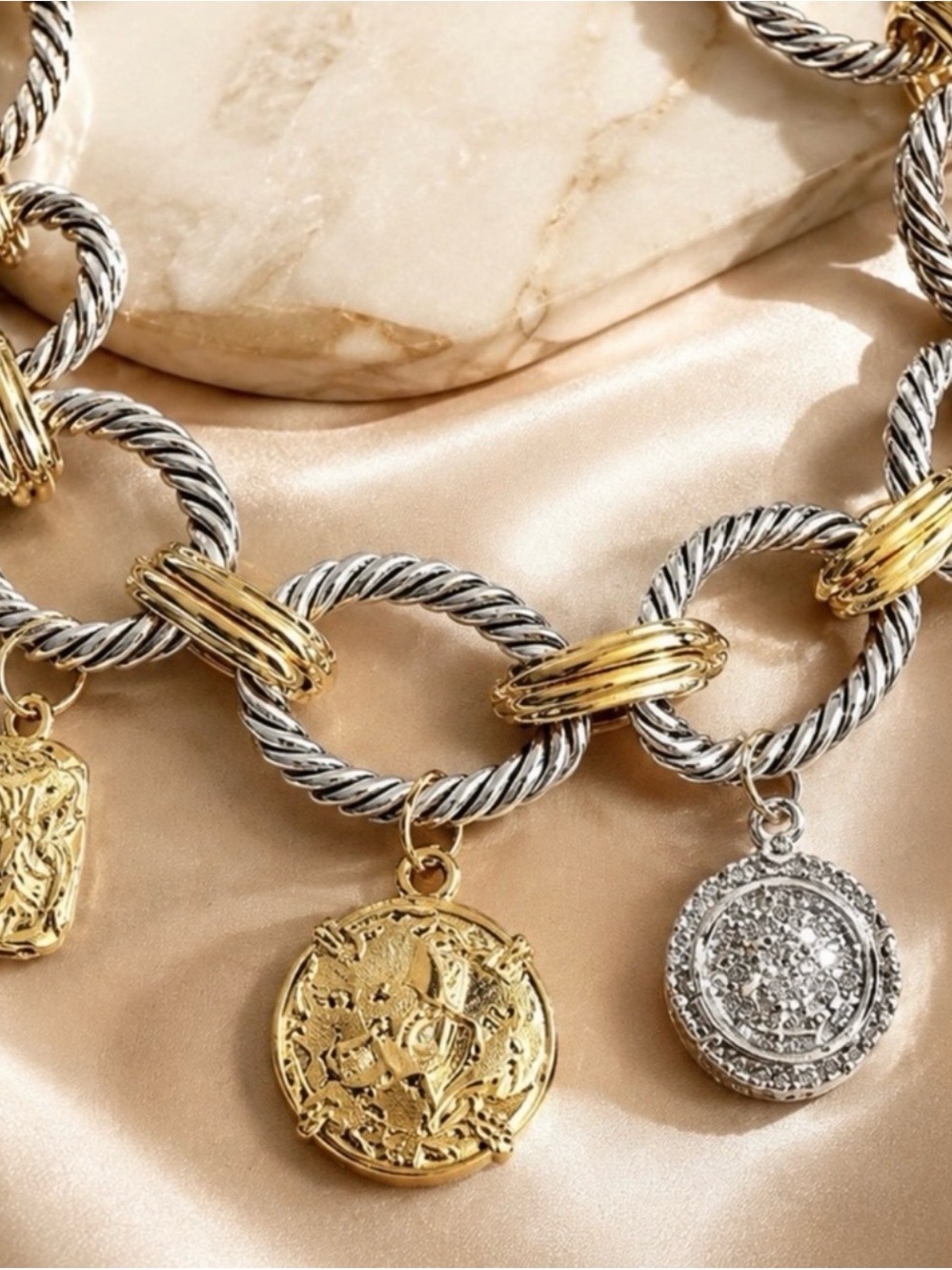 Two Tone Chunky Chain Charm
Necklace Gold Silver Coin
Statement Jewelry nwt